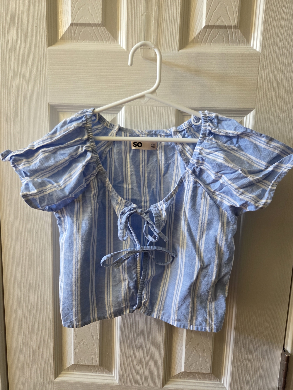 Light Blue & White Striped Tie-Front Crop Top, Pants Set